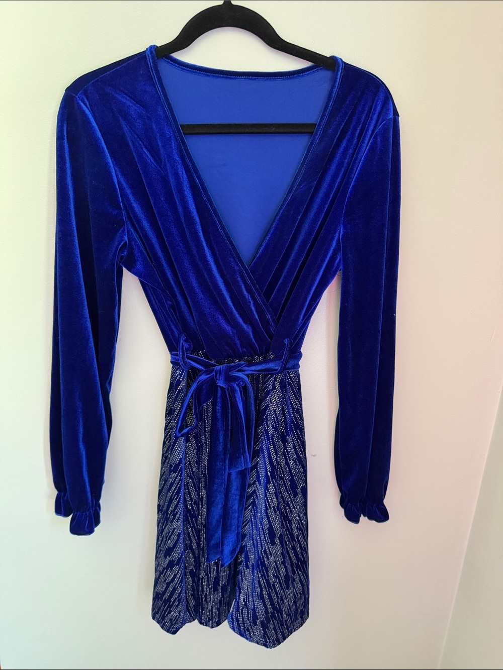 Royal Blue Velvet Wrap Dress with Belt